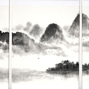 Painting titled "Paysage de Chine (t…" by Jean-Marc Moschetti (encre-zen), Original Artwork, Ink Mounted on Wood Stretcher f…