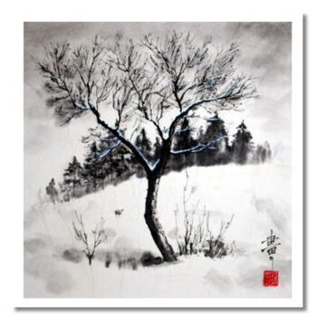 Painting titled "Neige" by Jean-Marc Moschetti (encre-zen), Original Artwork, Ink Mounted on Wood Stretcher frame