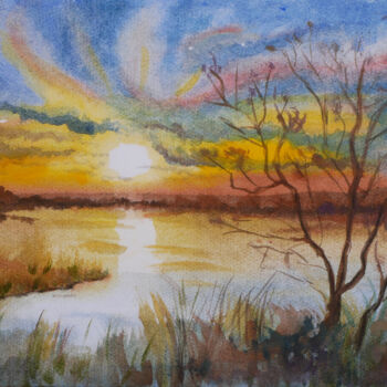 Pintura intitulada "Watercolor sunset i…" por Jean-Marc Quilichini, Obras de arte originais, Aquarela