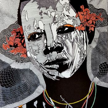 Dessin intitulée "Femme aux Fleurs Ro…" par Jean-Marie Amoros, Œuvre d'art originale, Encre