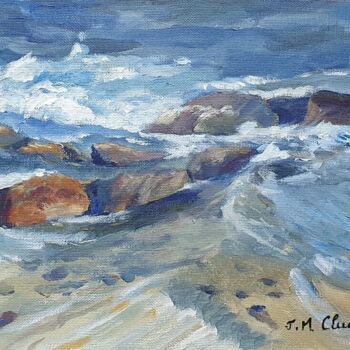 Painting titled "Mer, vagues, rochers" by Jean-Marie Cluchier, Original Artwork, Acrylic