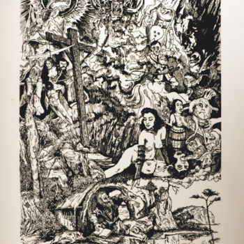 Prenten & gravures getiteld "La tentation de Sai…" door Jean-Marie Picard, Origineel Kunstwerk, Xylograaf