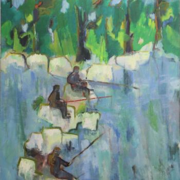 Painting titled "Pêcheurs au lac de…" by Jean-Maxime Relange, Original Artwork, Oil Mounted on Wood Stretcher frame