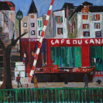 Painting titled "Le long du Canal St…" by Jean-Maxime Relange, Original Artwork, Oil Mounted on Wood Stretcher frame
