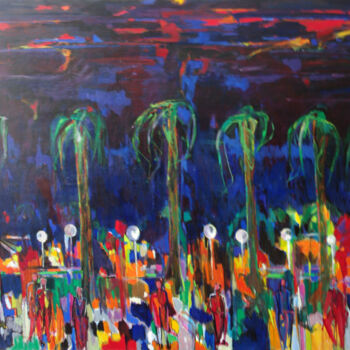 Painting titled "Cannes la nuit" by Jean-Maxime Relange, Original Artwork, Oil Mounted on Wood Stretcher frame