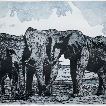 Tekening getiteld "Trois éléphants." door Jean-Michel Legras, Origineel Kunstwerk, Inkt Gemonteerd op Aluminium