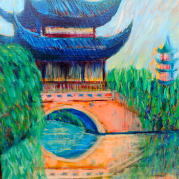 Peinture intitulée "TEMPLE DE CHINE" par Jean-Michel Liewig, Œuvre d'art originale, Huile