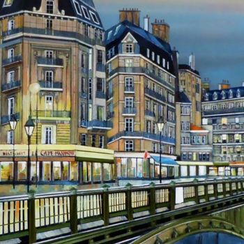 Painting titled "quai montebello" by Jean-Michel Yon, Original Artwork, Oil Mounted on Wood Stretcher frame