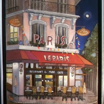 제목이 "le paris bistrot"인 미술작품 Jean-Michel Yon로, 원작, 기름 나무 들것 프레임에 장착됨