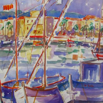 Malerei mit dem Titel "Le port et l'hôtel…" von Jean-Noël Le Junter, Original-Kunstwerk, Aquarell