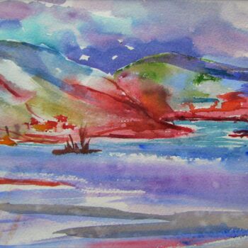 Peinture intitulée "le lac du Salagou e…" par Jean-Noël Le Junter, Œuvre d'art originale, Aquarelle Monté sur Panneau de bois