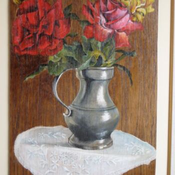 Painting titled "Napperon aux roses" by Jean Paul Birebent, Original Artwork, Oil