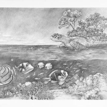 Drawing titled "L' ile de la tortue" by Jean Paul Boyer, Original Artwork, Pencil