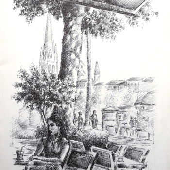 Painting titled "Evasion en terrasse…" by Jean-Paul Ramon, Original Artwork, Ink