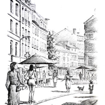 Drawing titled "Promenade d'été" by Jean-Paul Ramon, Original Artwork, Ink