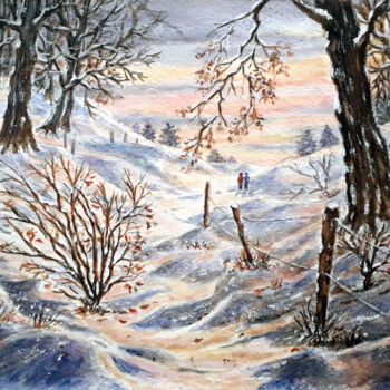 Peinture intitulée "Randonnée d'hiver" par Jean-Paul Ramon, Œuvre d'art originale, Aquarelle
