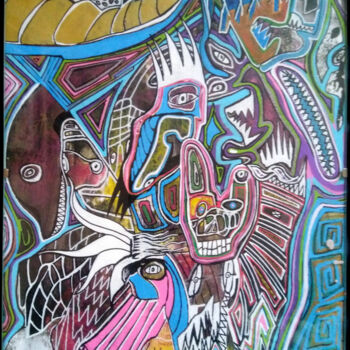 Painting titled "Itzamná" by Jean Philippe Desmoulins, Original Artwork, Gel pen Mounted on Wood Panel
