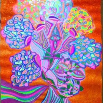 Painting titled "The Flower Child" by Jean Philippe Desmoulins, Original Artwork, Ballpoint pen Mounted on Wood Panel