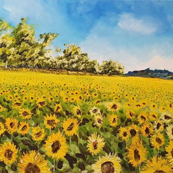 Painting titled "Tournesols" by Jean-Philippe Guffroy, Original Artwork, Oil Mounted on Wood Stretcher frame