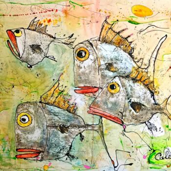 Painting titled "ban de poissons jau…" by Jean-Pierre Cales, Original Artwork, Stained glass painting Mounted on Aluminium