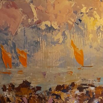 Painting titled "Trois voiles orange…" by Jean-Pierre Duquaire, Original Artwork, Oil Mounted on Wood Stretcher frame