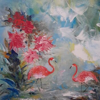 Painting titled "Les flamands roses…" by Jean-Pierre Duquaire, Original Artwork, Acrylic Mounted on Wood Stretcher frame