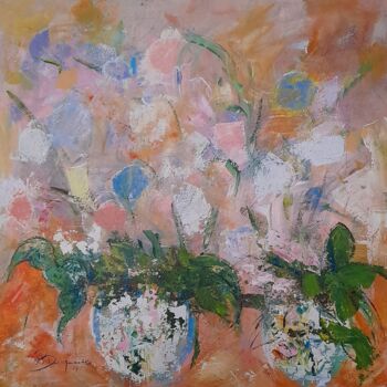 Painting titled "Les tulipes aux cou…" by Jean-Pierre Duquaire, Original Artwork, Acrylic Mounted on Wood Stretcher frame