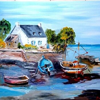 Schilderij getiteld "PETIT PORT BRETON" door Jean Pierre Jumeaux, Origineel Kunstwerk, Olie Gemonteerd op Frame voor houten…