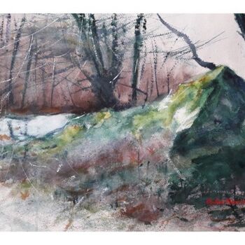 Peinture intitulée "Le rocher en forêt" par Jean-Pierre Missistrano, Œuvre d'art originale, Aquarelle