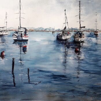 Painting titled "Méditation au port…" by Jean-Pierre Missistrano, Original Artwork, Watercolor