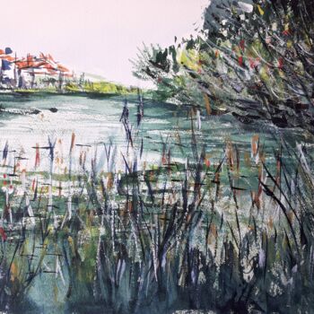 Peinture intitulée ""Lac privé en Prove…" par Jean-Pierre Missistrano, Œuvre d'art originale, Aquarelle