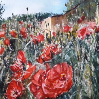 Painting titled ""Coquelicots en Pro…" by Jean-Pierre Missistrano, Original Artwork, Watercolor