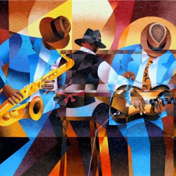 Malerei mit dem Titel "JAZZMAN TRIO" von Jean Rougerie, Original-Kunstwerk, Öl