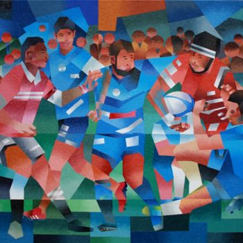 Painting titled "MATCH DE RUGBY" by Jean Rougerie, Original Artwork, Oil Mounted on Wood Stretcher frame