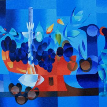 Painting titled "Nature morte bleue" by Jean Rougerie, Original Artwork, Oil