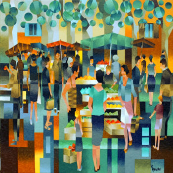 Painting titled "Marché du pays Bour…" by Jean Rougerie, Original Artwork, Oil Mounted on Wood Stretcher frame