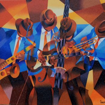 Painting titled "QUATUOR JAZZMAN CUB…" by Jean Rougerie, Original Artwork, Oil Mounted on Wood Stretcher frame