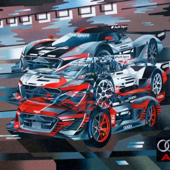 Painting titled "Voitures AUDI aux 2…" by Jean Rougerie, Original Artwork, Oil Mounted on Wood Stretcher frame