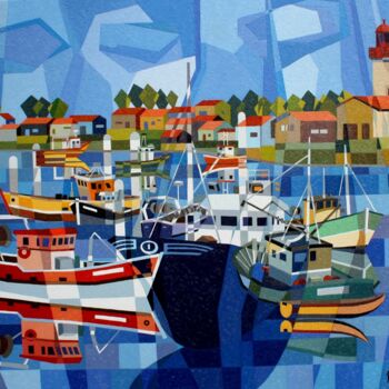 Painting titled "BATEAUX AU PORT" by Jean Rougerie, Original Artwork, Oil Mounted on Wood Stretcher frame