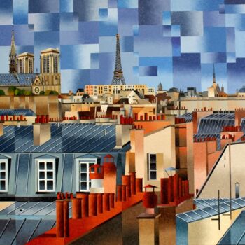 Painting titled "VUE SUR NOTRE DAME…" by Jean Rougerie, Original Artwork, Oil Mounted on Wood Stretcher frame