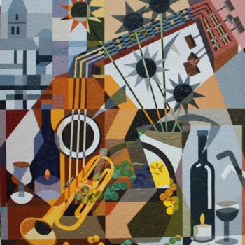 Painting titled "TROMPETTE ET GUITARE" by Jean Rougerie, Original Artwork, Oil Mounted on Wood Stretcher frame