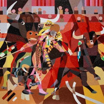 「SCENE DE TAUROMACHIE」というタイトルの絵画 Jean Rougerieによって, オリジナルのアートワーク, オイル ウッドストレッチャーフレームにマウント