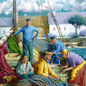 Pintura titulada "vieux marins rentra…" por Jean Senterre, Obra de arte original, Oleo