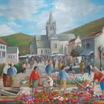 Painting titled "marché aux fleurs  2" by Jean Senterre, Original Artwork, Oil