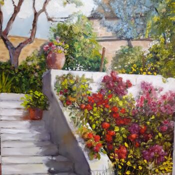 Painting titled "l escalier fleuri" by Jean Senterre, Original Artwork, Oil