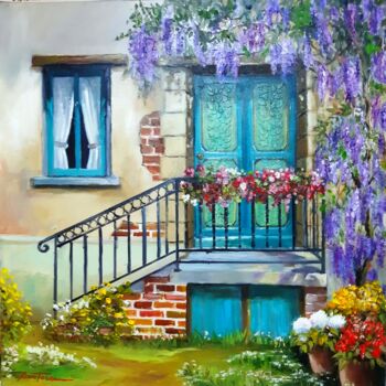 Painting titled "l escalier fleuri  2" by Jean Senterre, Original Artwork, Oil Mounted on Wood Stretcher frame