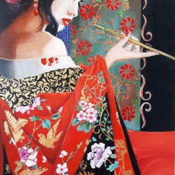 「femme en rouge」というタイトルの絵画 Jean Senterreによって, オリジナルのアートワーク, オイル