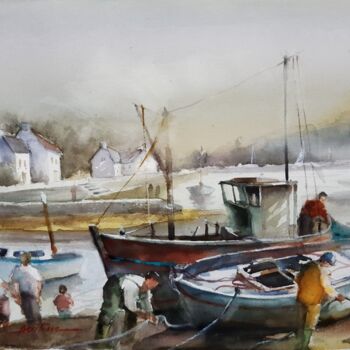 Painting titled "prets pour la peche…" by Jean Senterre, Original Artwork, Watercolor