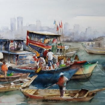 Malarstwo zatytułowany „marché sur l eau” autorstwa Jean Senterre, Oryginalna praca, Akwarela