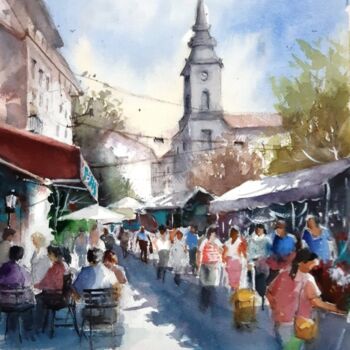 Pintura intitulada "jour de marché (5)" por Jean Senterre, Obras de arte originais, Aquarela